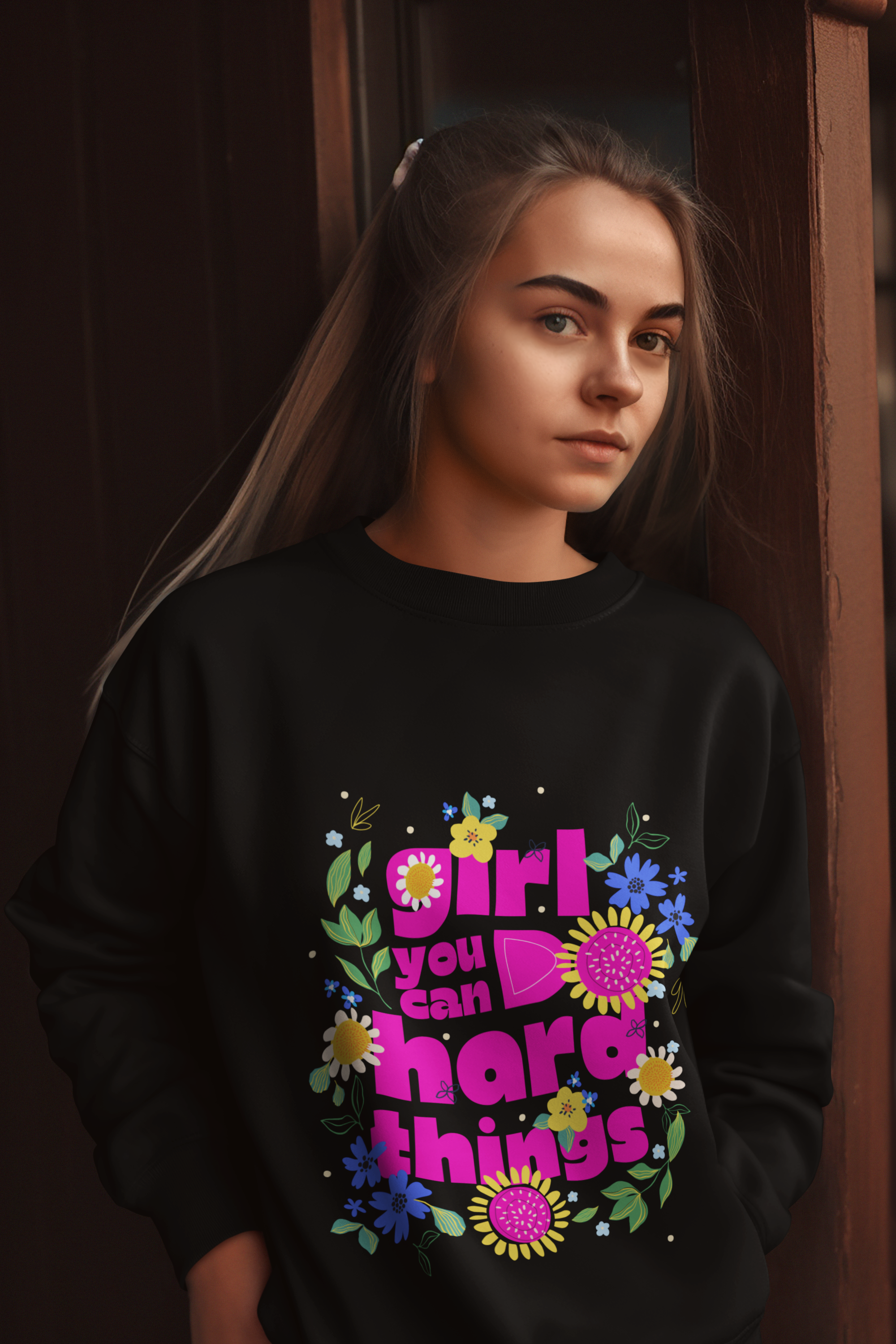 Bloom & Conquer" | Girls' Empowerment Floral Sweatshirt.